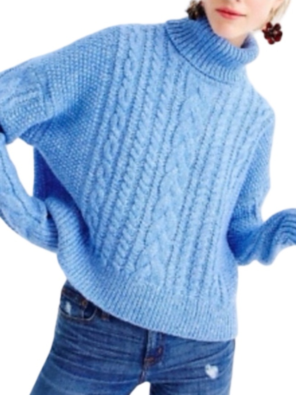 J. Crew Collection Wool Cropped Light Blue Cable Knit Chunky Turtleneck Sweater
